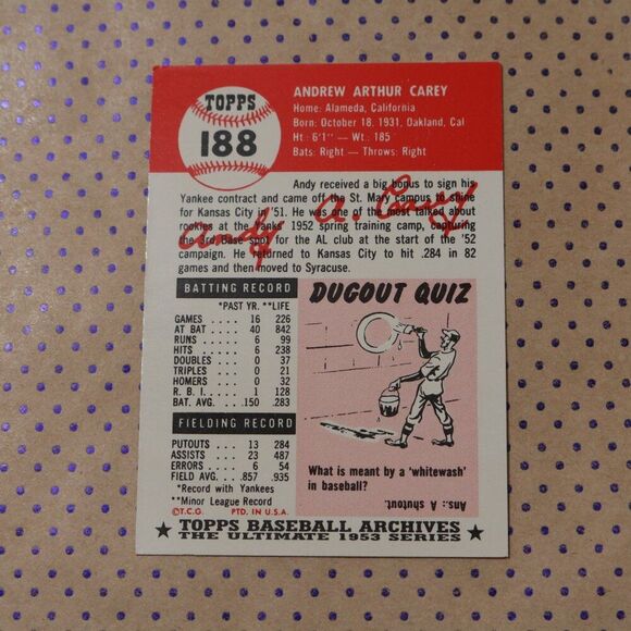 Andy Carey #188 Baseball Card - Picture 2 of 2